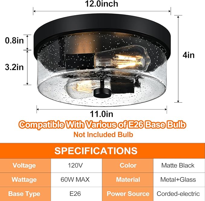 Black Flush Mount Ceiling Light Fixtures 2-Light Ceiling Mount for Farmhouse with Seeded Glass Lampshade Industrial Flush Mount Light Fixture Farmhouse for Hallway Kitchen Entryway and Foyer