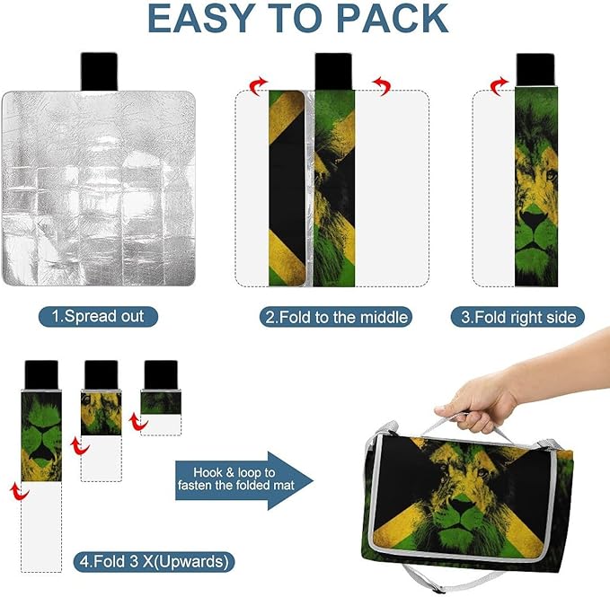 Jamaican Flag Rasta Lion Waterproof Outdoor Picnic Blanket Sandproof Beach Mat for Camping Hiking Grass Travelling