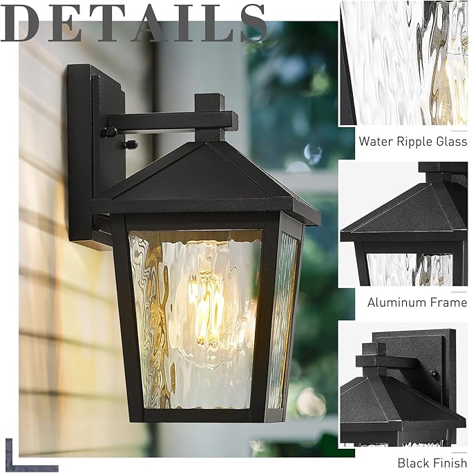 zeyu 2-Pack Outdoor Porch Light Fixtures Exterior Wall Lights for House Die-Cast Aluminum with Water Ripple Glass Black Finish 20076BS-2PK BK-WP