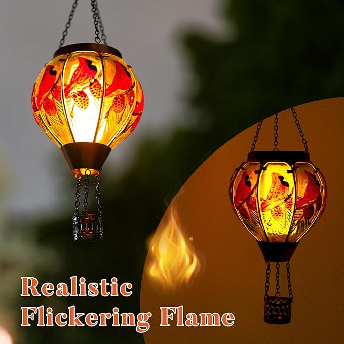 Cardinal Solar Hot Air Balloon Lantern with Flame Glass Balloon Solar Lantern Outdoor Waterproof Hanging Hot Air Balloon Solar Light Cardinal Gifts for Mom Woman Christmas