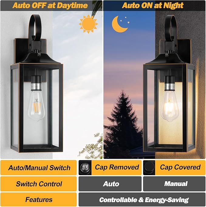 19 Dusk to Dawn Outdoor Lighting 2 Pack Large Dusk to Dawn Outdoor Wall Lights Black Sensor Porch Lights Outdoor Exterior Lighting Fixtures Wall Mount for House Garage -with Gold Trim