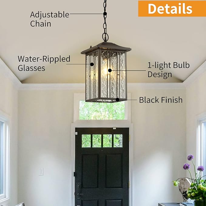 Outdoor Pendant Light Black Exterior Hanging Lights LED Outdoor Chandelier Modern Hanging Lantern for Porch Ceiling Entry Porch Patio Matte Black with Water-Rippled Glasses