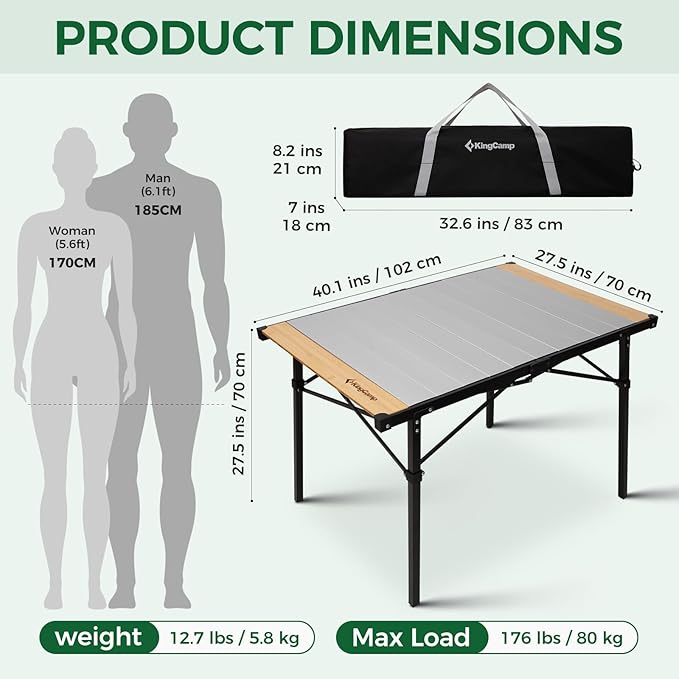 KingCamp Folding Camping Table Aluminum Roll-Up Camp Table Large Foldable Table for 4-6 Person Outdoor Portable Tables with Carry Bag 176 LBS Heavy Duty Load (Bamboo：40.16“x27.5”4-6 People)