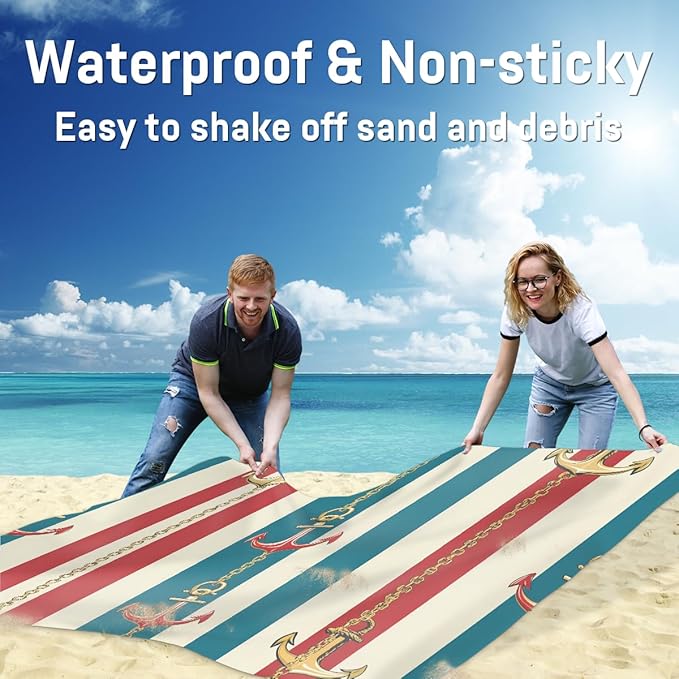 Waterproof Sandproof Beach Blanket 59''×68'' Ocean Anchor Pattern Polyester Outdoor Picnic Blanket with 4 Stakes &amp Storage Bag for BeachCampingVacation