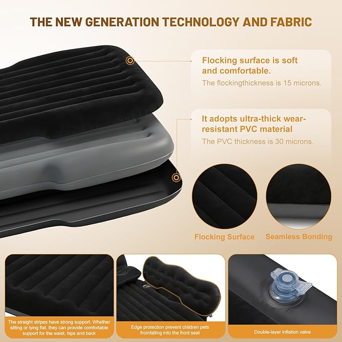 Inflatable Car SUV Air Mattress Back Seat Bed with Air PumpPortable Thickened Car Travel Camping Sleeping Air Mattress Blow Up Bed for Car Universal SUV