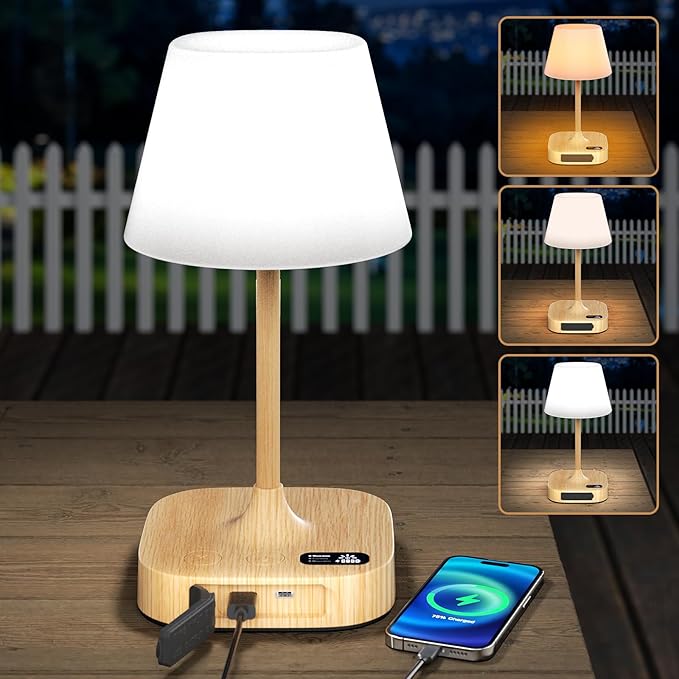 Lightbiz Outdoor Table Lamp Shower Lamp with 8000mAh Cordless Rechargeable Battery IP55 Waterproof 3 Colors &amp 5 Brightness Dimmable LED Display Bath Lamp for CampingBedroomPatioBathroom(Woo