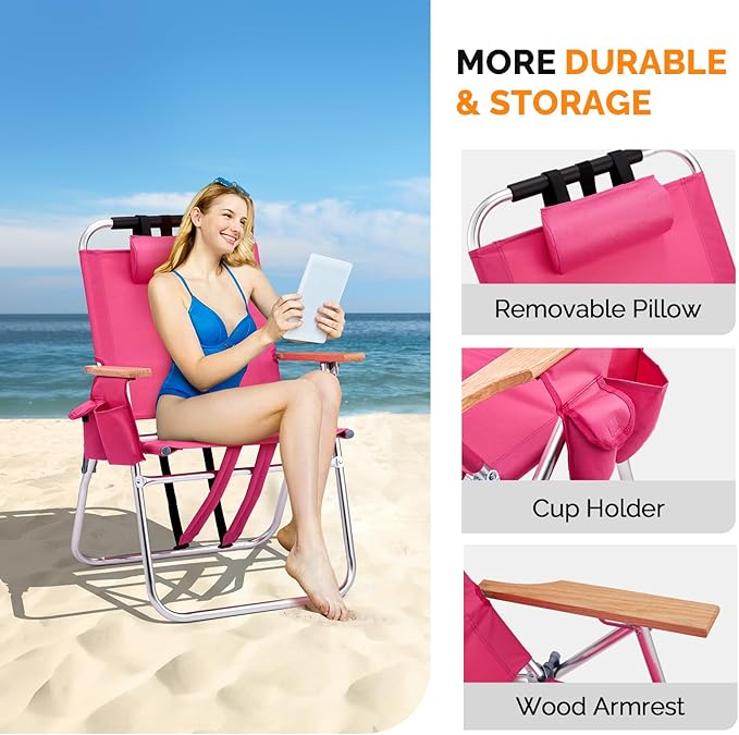 Bonnlo Lightweught 17 Backpack Beach Chair Tall Beach Chairs for Adults Portable with Adjustable Straps 3-Position Reclining Cup Holder High Beach Chairs for Beach