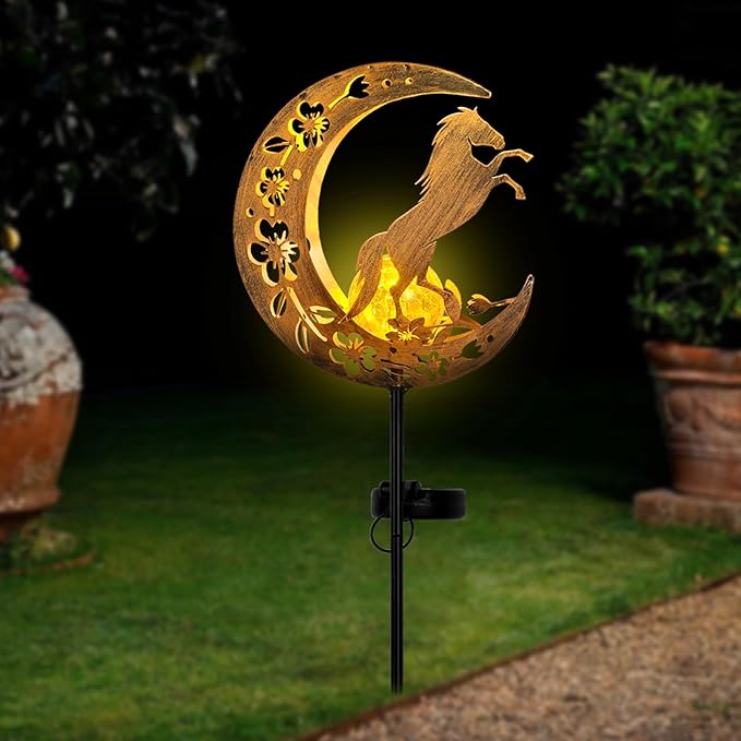 Solar Lights Outdoor Waterproof - Moon &amp Horse Landscape Lighting Weatherproof SolarGarden Stakes with 8-10H Auto On/Off Decorative Pathway Markers for Driveway/Walkway/Equestrian Farms