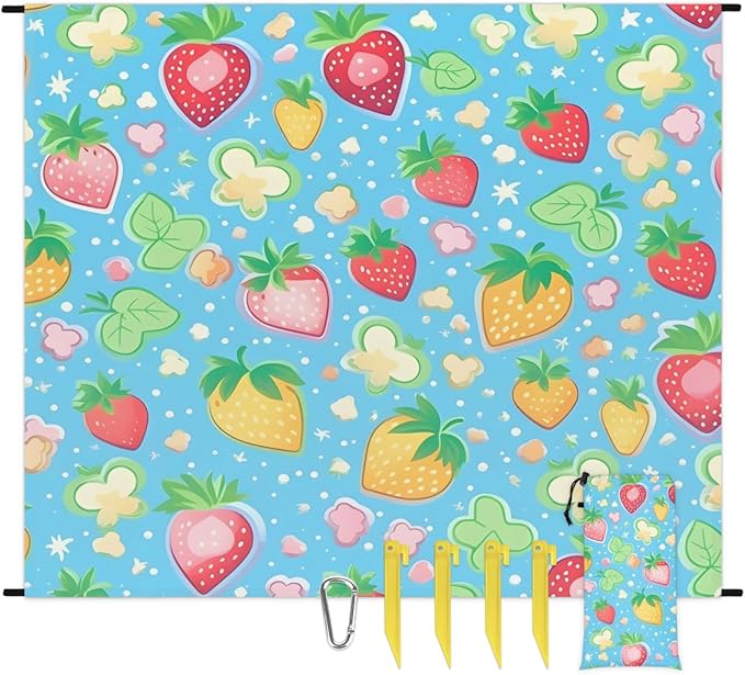 Waterproof Sandproof Beach Blanket 59''×68'' Strawberry Polyester Outdoor Picnic Blanket with 4 Stakes &amp Storage Bag for BeachCampingVacation Blue