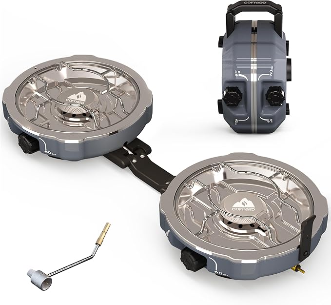 20000 BTUs 2 Burner Propane Camping Stove Portable Folding Camp Stove with Adjustable Burners Built-in Ignition and Carrying Bag Dual Gas Stoves for Tailgating Camping BBQ Overland Grey