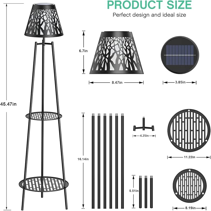2 Pack 45.5'' Outdoor Floor Lamps with 2 Tier Plant Stand Solar Powered Metal Waterproof Lights for Patio Deck Yard Garden Porch Decor