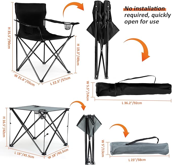 Leonyo 2 Pack Camping Chairs for Adults Lawn Chairs with Table Heavy Duty Folding Chairs for Outside Oversized &amp Comfy Sports Chair for Adults Fishing Beach Patio Hiking Lawn Travel - Black
