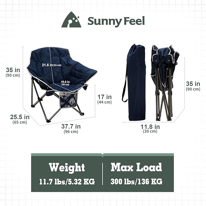 SUNNYFEEL Oversized Camping Chair Folding Moon Saucer Chair Padded Cushion Heavy Duty for Adults 500 LBS Portable Camp Lawn Chair with Storage for LoungePatioOutdoorIndoorPorch