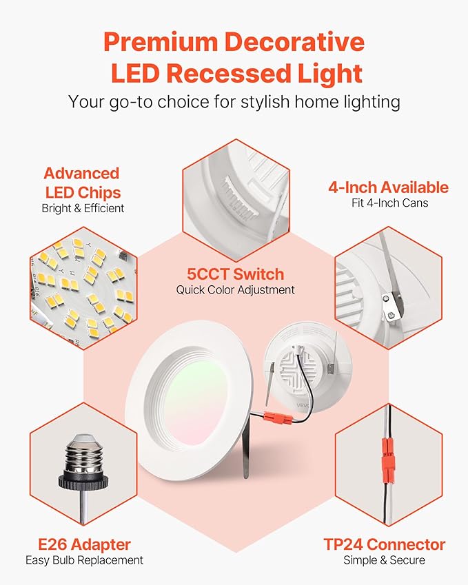 VEVOR 10 Pack LED Recessed Lighting 4 Inches Retrofit Can Lights 750 LM 9W 120V Selectable 5CCT 2700K/3000K/3500K/4000K/5000K 10% to 100% Dimmable Compatible with E26 Base and TP24 Connector