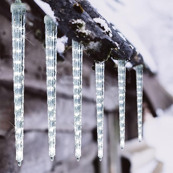 WATERGLIDE 16 Icicles Meteor Shower Lights 12 Outdoor Icicle Christmas Lights 384 SMD LED Crystal Ice Falling Light Connectable Raindrop Iciclelight Xmas Winter Party Tree Holiday Decor White