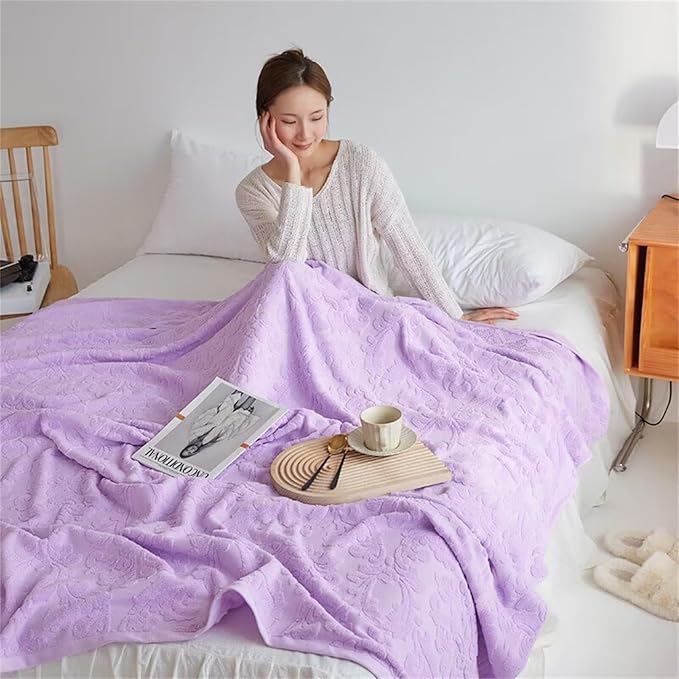 Carved Jacquard Blanket 80x90''100% Cotton Bed Blanket Lightweight Soft Cozy Fall Blanket for Bedroom Throw Blanket for Home Decor Christmas Thanksgiving Gift for Women Moms Girls Purple