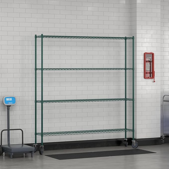 Commercial NSF Listed Green Epoxy Mobile Wire Shelving Kit 12 x 72 x 80 with 4 Shelves Perfect for Warehouse Walk-in Refrigerator Freezer Grocery Store Restaurant Dishroom