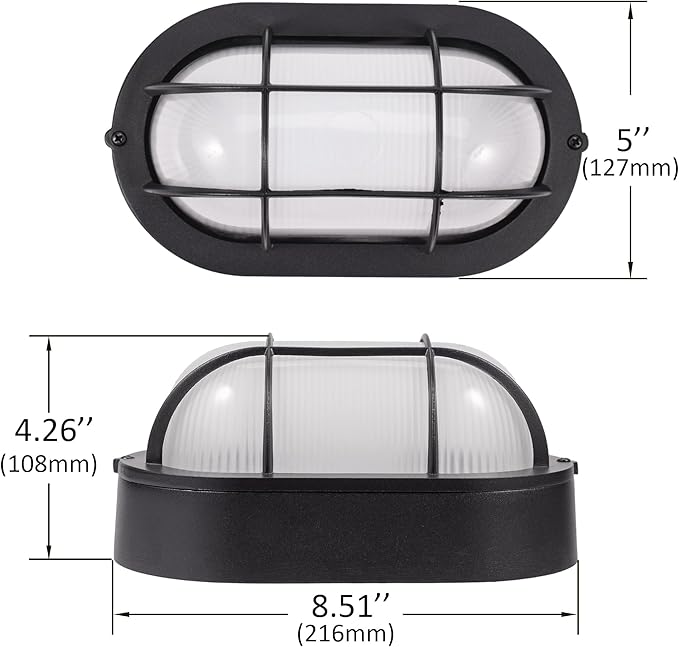 GRUENLICH 8.5'' Oval Outdoor Wall Lights Dimmable LED Bulkhead Light Sauna &amp Exterior Lighting ETL Rated 6W 600 Lumen 3000K Warm White Black Cast Aluminum Wall/Ceiling Mount 2-Pack