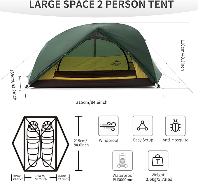 Naturehike Star River 2 Person Backpacking Tent Lightweight Waterproof 2 Person Camping Tent Double Layer Two Person Tents for Camping Hiking Cycling