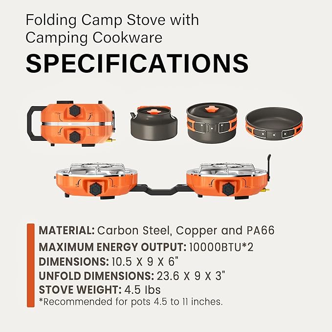 Propane 2 Burner Camping Stove Kit with Camping Cookware Outdoor Folding Propane Gas Stove Camp Portable Stove and Camping Cooking Set With 20000 Total BTUs for BBQ Tailgating Camping
