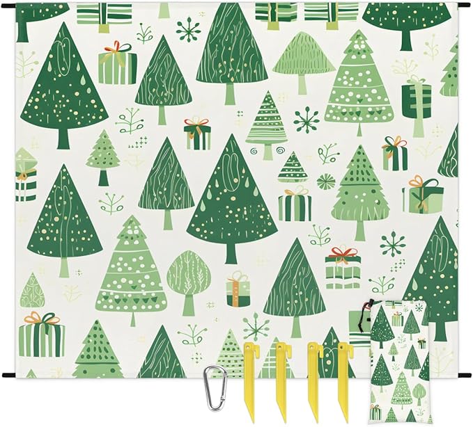 Waterproof Sandproof Beach Blanket 59''×68'' Christmas Tree Polyester Outdoor Picnic Blanket with 4 Stakes &amp Storage Bag for BeachCampingVacation Green