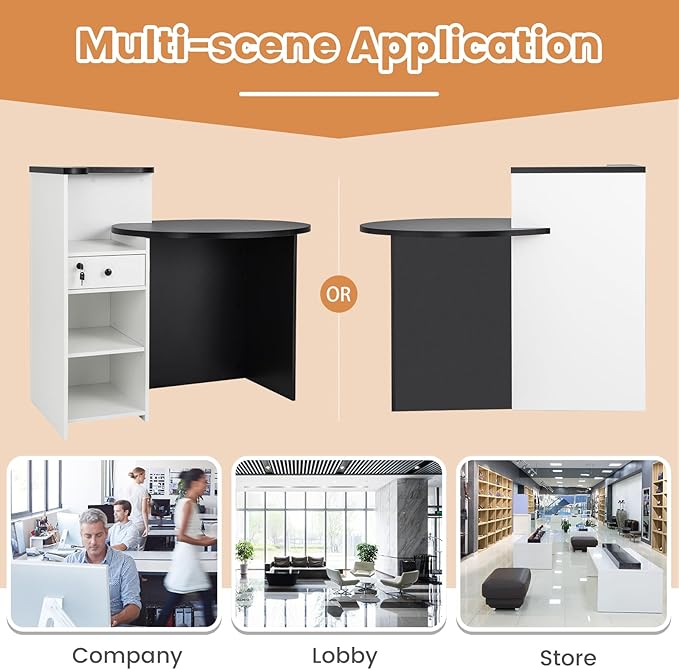 Reception Desk Front Desk Reception Counter with Oval Desktop Open Shelf &amp Lockable Drawer Small Retail Checkout Counter Table Wood Computer Workstation for Home Office Lobby &amp Salon