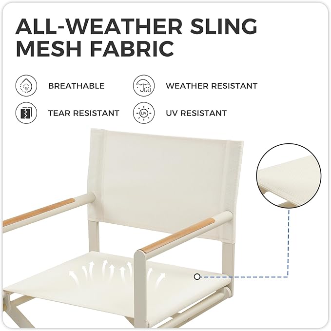 Grand patio Extra-Wide 2-Pack Directors Chairs Folding Dining Chair Set of 2 with Sling and Woodgrain Armrests Outdoor Apricot