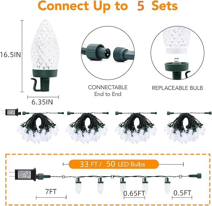 C9 LED Christmas Lights Outdoor33 Feet 50 LED 8 Lighting Modes Waterproof Connectable Christmas String Lights for Outside Roofline Patio Home Xmas Decorations (Cool White)