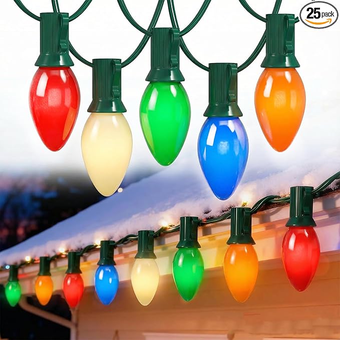 C7 LED Christmas Lights 25Ft Multicolor Christmas String Lights Outdoor with 27 Ceramic LED Light Bulbs String Lights for Tree Decor Patio Carnival E12 Candelabra Base Base