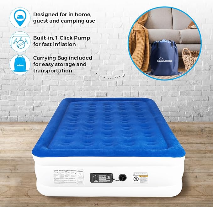 SoundAsleep Products Dream Series Luxury Air Mattress ComfortCoil Technology Built-in High Capacity Pump for Home Camping- Double Height Adjustable Inflatable Blow Up Portable (Full Size)