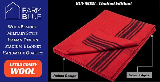 Farm Blue Wool Blanket Military Style - Thick &amp Lightweight Army Camping Blankets 80 x 62 - Large Camp Survival Blankets for Car Hiking Backpacking &amp Outdoor Festivals (Red with Navy Strip