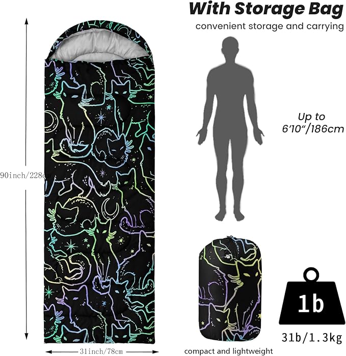 Sleeping Bags for Adults Youth Kids3D Printing Camping Sleeping Bag for Girls Boys Lightweight Waterproof Cold/Warm Weather Sleeping Bag for 3 Seasons