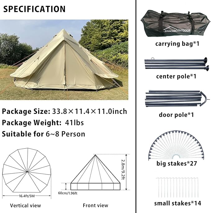 DANCHEL OUTDOOR B2 Portable Yurt with Stove Jack for Winter Camping 4 Season Bell Tent Large Hot Tent 4/6 Person Family Camping Glamping Party 300D Oxford Khaki 13ft/16.4ft