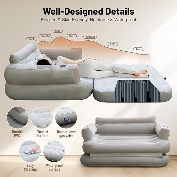 Full Size Inflatable Sofa Bed with Air Pump2-in-1 Blow-Up Couch and Folding Air Mattress Bed for HomeCampingand Guests