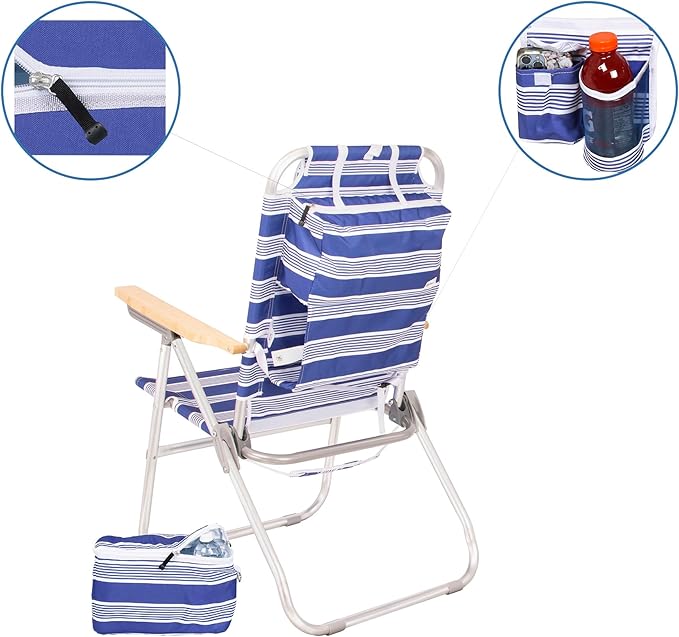 Heavy Duty Tall Beach Chair with Canopy Shade for Adults 17 High Off Ground 4-Position Reclining Insulated Cooler &amp Storage Pouch Bamboo-Finish Arms 300 lb Capacity