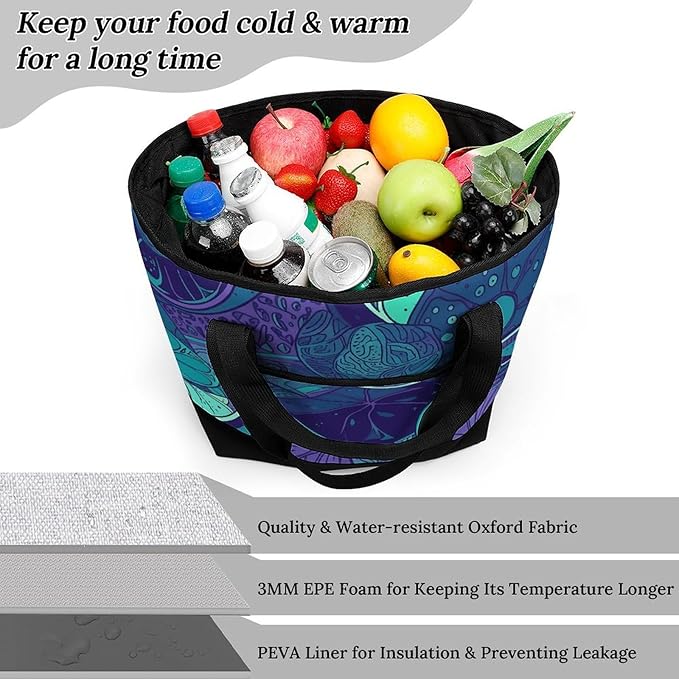 Insulated Shopping BagLarge Reusable Cooler Bags Blue Teal Lemon Printed Foldable Shopping BagTravel Waterproof Shoulder Bag
