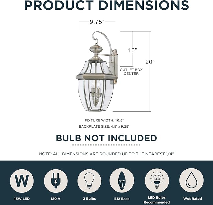 Quoizel Newbury 20 Outdoor Wall Lantern 2-Light Pewter with Clear Beveled Glass E12 Base French Country Style