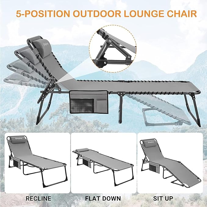 KingCamp Chaise Lounge Outdoor 5-Position Adjustable Patio Lounge ChairFolding Tanning Chair for LawnBeachPool and SunbathingPortable Heavy-Duty Camping Reclining Chair with Pillow (1 Grey)
