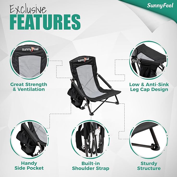 SUNNYFEEL Folding Low Camping Beach Chair 2 Pack Lightweight Portable Lawn Chair with Mesh Back Cup Holder for Outdoor/Travel/Picnic/Concert Foldable Camp Backpack Chair with Carry Bag