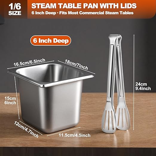 6 Pack 1/6 Size Stainless Steel Hotel Pans with Lids 6 Inch Deep Steam Table Pans Anti-Jam Metal Hotel Pans with Clip for Restaurant Home Catering Food Storage