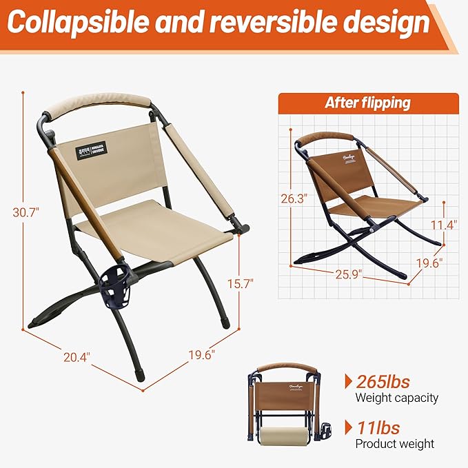 Folding Chair Double-Side Seat Camping Chair Usable On Both Sides One Chair Two Heights Carbon Steel Portable Foldable with Cup Holder for Camp Beach Picnic Patio Sports Brown Beige