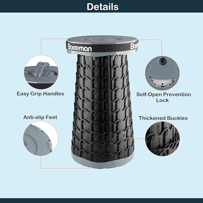 Boreeman 2026 Upgraded Collapsible Stool Lightweight Yet Sturdy with Load Capacity 800lbs Portable Folding Stool for Camping Fishing Hiking BBQ (Grey)