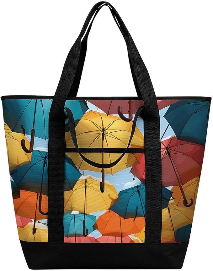 Insulated Shopping BagLarge Reusable Cooler Bags Colored Umbrellas Printed Foldable Shopping BagTravel Waterproof Shoulder Bag