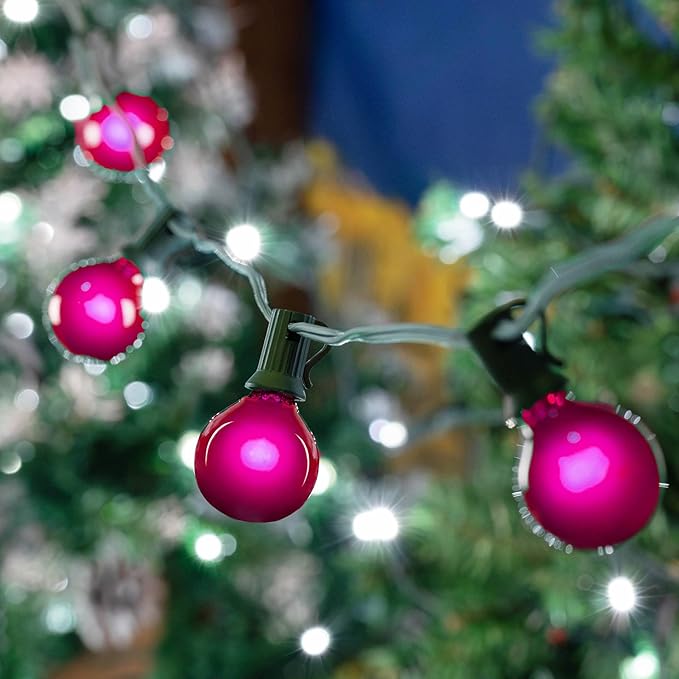 G40 Patio String Lights with 25 Pink Globe Bulbs - Hanging Garden String Lights - Vintage Backyard Patio Lights - Outdoor String Lights - Market Cafe String Lights - Green Wire - 25 Foot