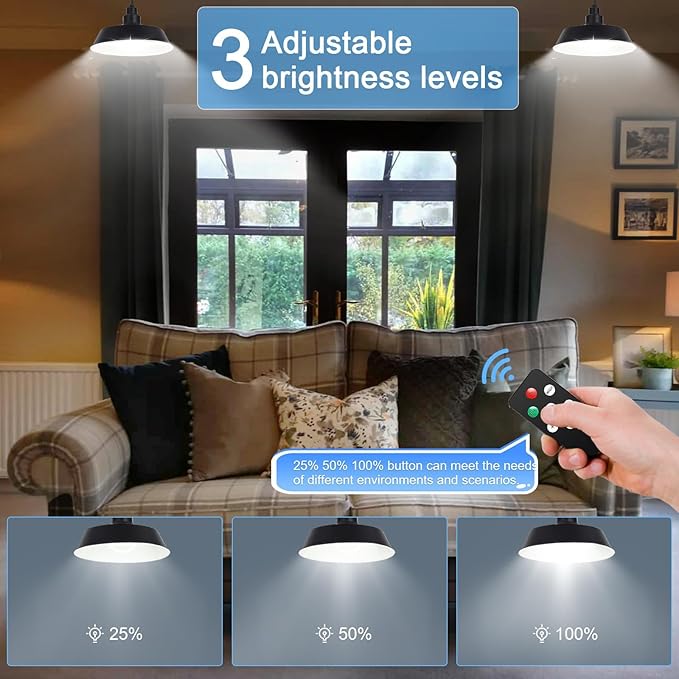 Solar Pendant Lights Outdoor Solar Shed Light with 360° Adjustable Panel Dimmable Lighting with Remote Control 16.4ft Cable IP65 Waterproof for Patio Garage Camp Chicken Coop Barn