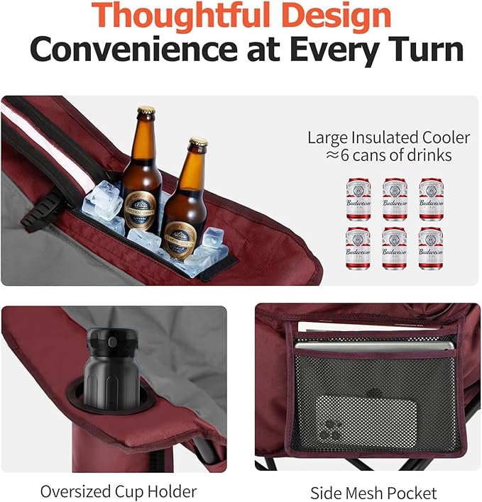 Overmont Oversized XL Camping Chair for Adults - 400lbs Support Heavy-Duty Padded Folding Chair with Side Pocket Cup Holder Cooling Bag for Outdoor Sports Garden Beach Fishing Lawn Red 2pcs3