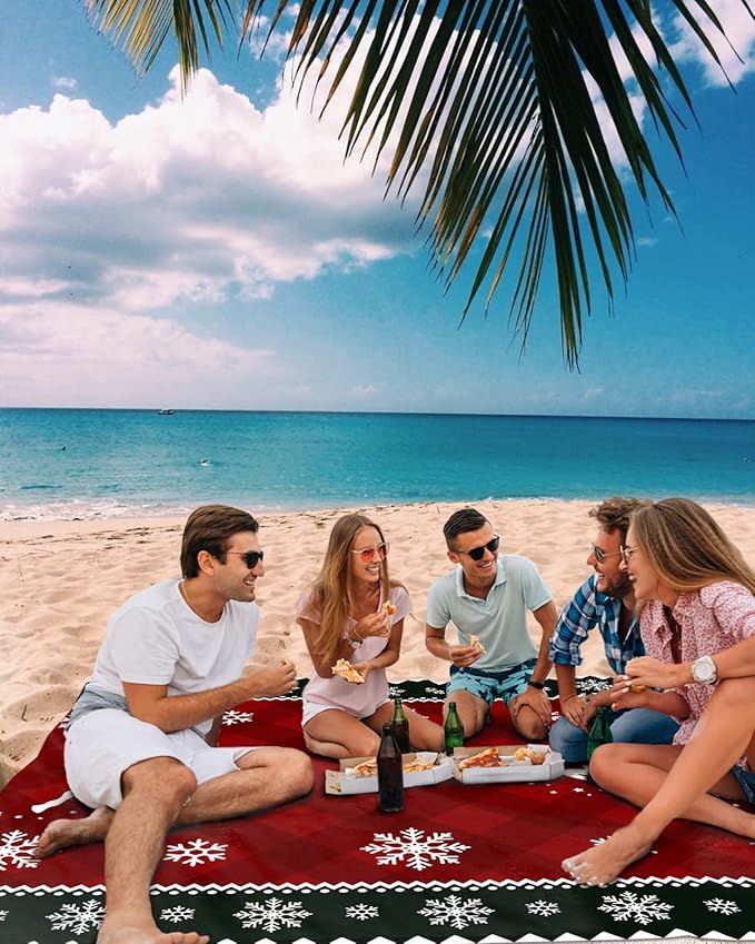 Beach Blanket Waterproof Sandproof OversizedChristmas Animal Elk Red Buffalo Plaid Beach Mat with Corner Stakes Sand PocketsWinter Snowflake White Shadow Outdoor Picnic Mat for Travel 83x79In