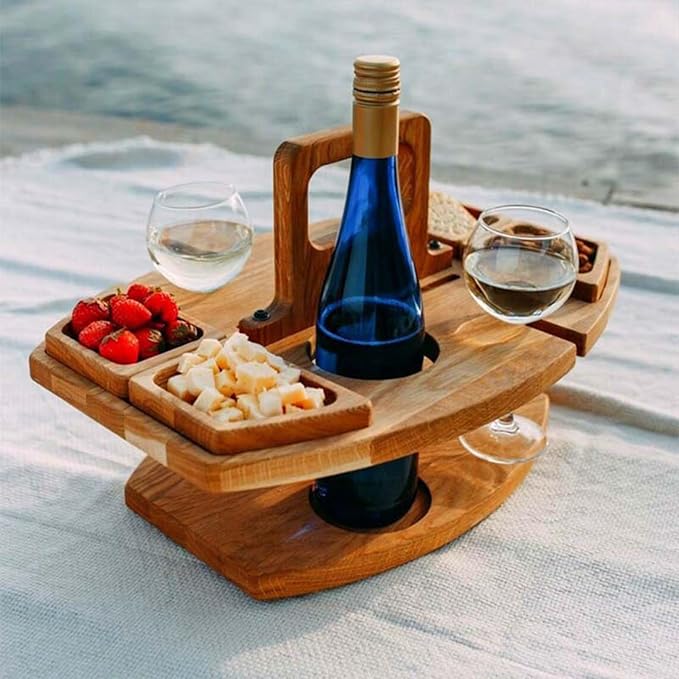Portable Wine Table Outdoor Wooden Folding Table with Snack Tray 2 Wine Glasses Holder Beach Indoor Snack Bed Table Picnic Tray Tables for Beach Camping RV Outdoor Concerts
