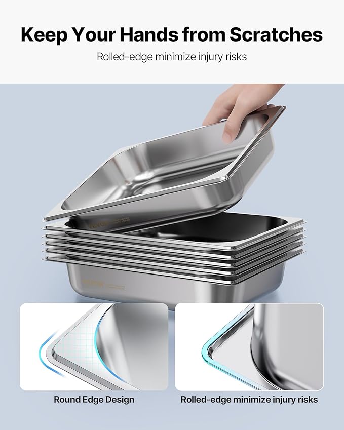 VEVOR 4 Pack Stainless Steam Hotel Pan 1/2 Size Table Steam Pan 2.5 Inch Deep Anti Jam Restaurant Supplies Reusable Rustproof Catering Storage for Home Party Restaurant Hotel Buffet