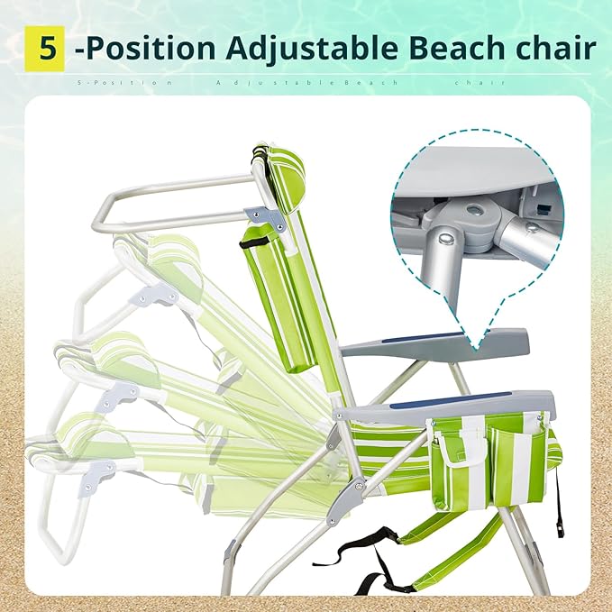2 Pack Tall Beach Chairs for Adults 5-Position Reclining Backpack Beach Chair with Cooler Pouch Portable Lightweight Folding Aluminum Beach Chair with Cup Holder Supports 220lbs Green Stripes